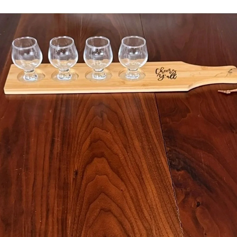 Bamboo Whiskey Beer Flight Board Paddle Set 4 Snifter Glasses Cheers Y'all